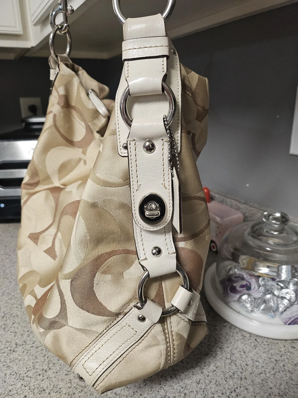 Coach Vintage LARGE F11961 Carly Beige Signature C & Leather Shoulder Bag